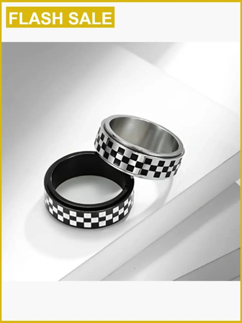 Stainless Steel Spinner Ring 8mm Black White Racing Flag Stress Relief